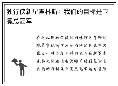 独行侠新星霍林斯：我们的目标是卫冕总冠军